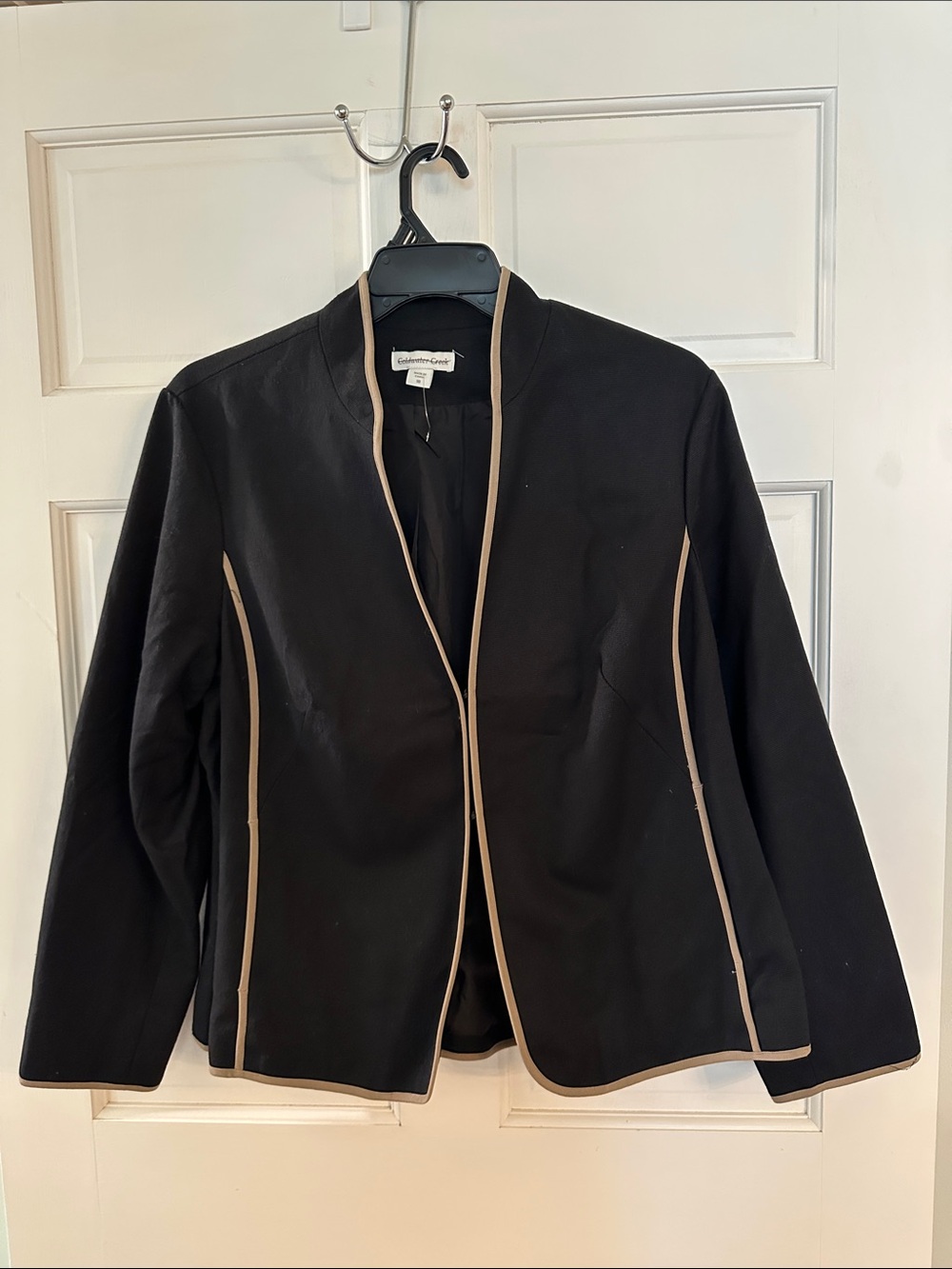 Coldwater Creek Black Open-Front Jacket with Beige Trim